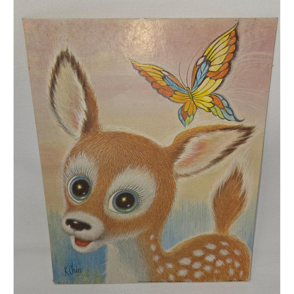 K Chin Big Eyed Fawn Art Print 8" x 10" 1978 Deer Butterfly Canvas Print Pastel